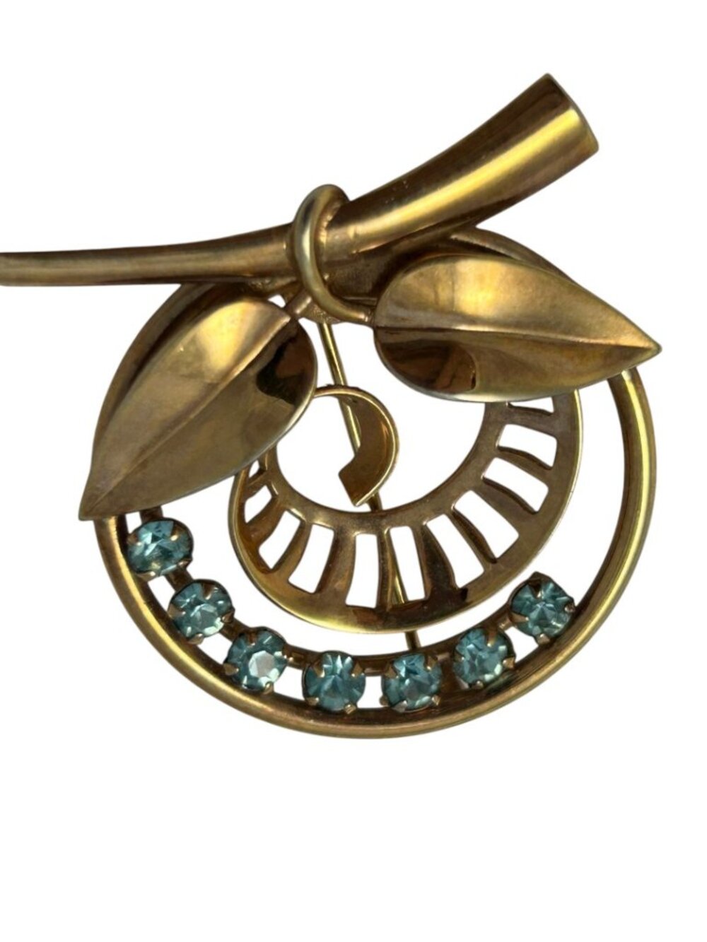 Vintage Gold Tone Brooch Blue Rhinestones Floral Leaf Swirl Statement Pin